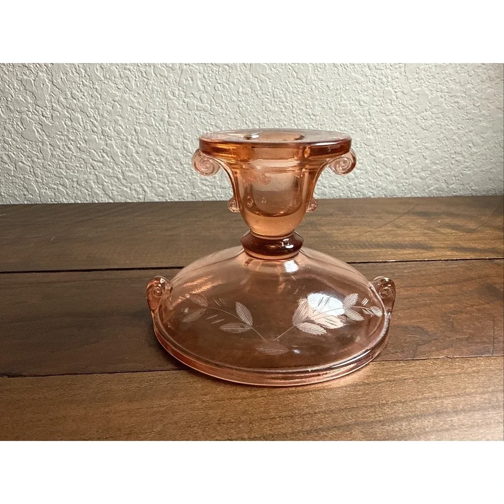 Vintage 1920s imperial glass double scroll rose pink candlestick cut floral...